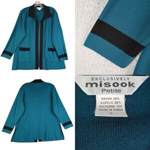 Exclusively Misook Cardigan Knit Womens Size Large L Petite Open Front Teal